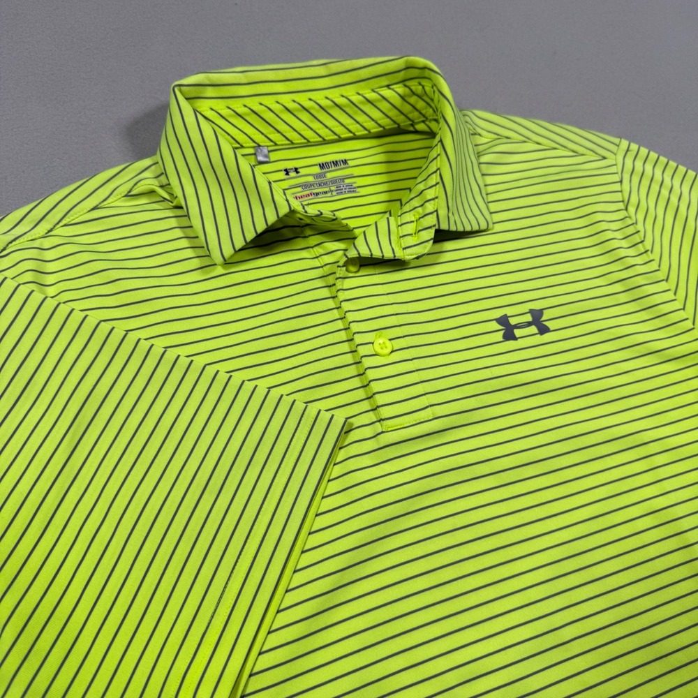 Under Armour Mens HeatGear Striped Polo Shirt Neon Yellow Lime Green MD 1253479